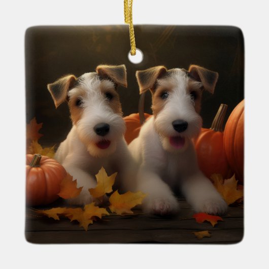 Wire Fox Terrier Welpe Autumn Delight Pumpkin Keramikornament (Vorderseite)