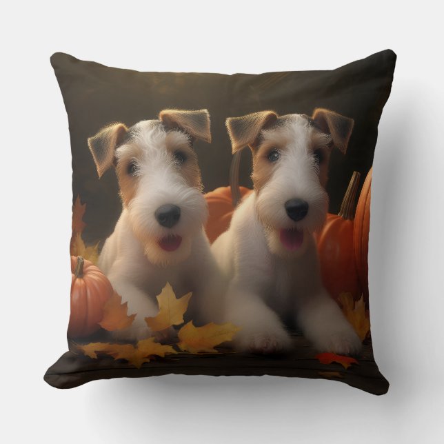 Wire Fox Terrier Welpe Autumn Delight Pumpkin Kissen (Vorderseite)