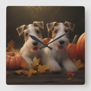 Wire Fox Terrier Welpe Herbstfreude Kürbis Quadratische Wanduhr