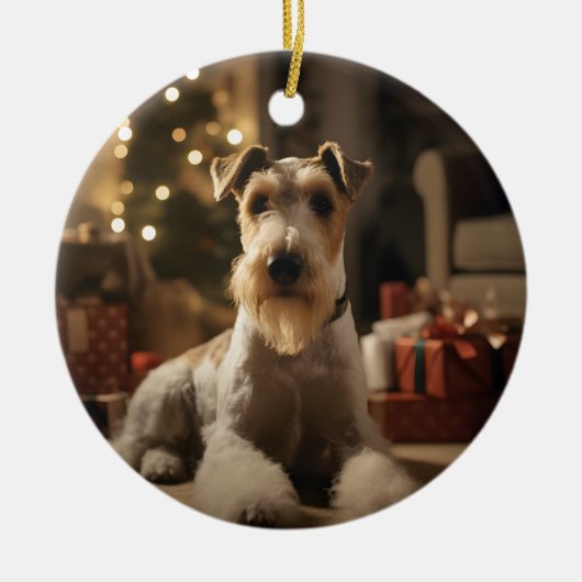 Wire Hair Fox Terrier Weihnachtskarte Keramik Ornament (Vorne)