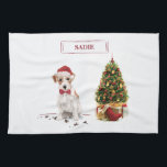 Wire Haired Jack Russell Funny Christmas Dog Geschirrtuch<br><div class="desc">Ein paws-lustiges Geschenk,  ein Wire Hairs Jack Russell Terrier ist bereit und gewartet zu Weihnachten! Der Hund trägt eine humorvolle rote Weihnachtsmannmütze und eine Bogen-Krawatte.</div>