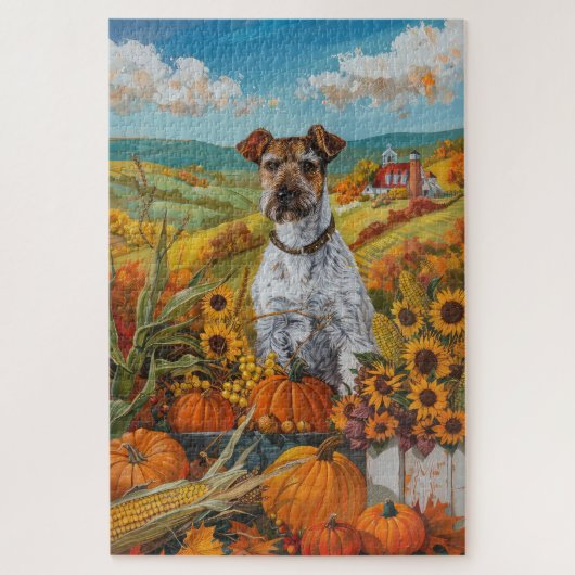 Wirefox Terrier Dog Herbsternte Erntedank Puzzle (Vertikal)
