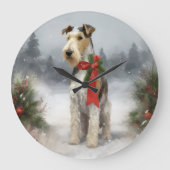 Wirefox Terrier Dog im Schnee Weihnachten Große Wanduhr (Vorderseite)