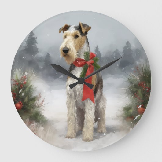 Wirefox Terrier Dog im Schnee Weihnachten Große Wanduhr (Vorderseite)