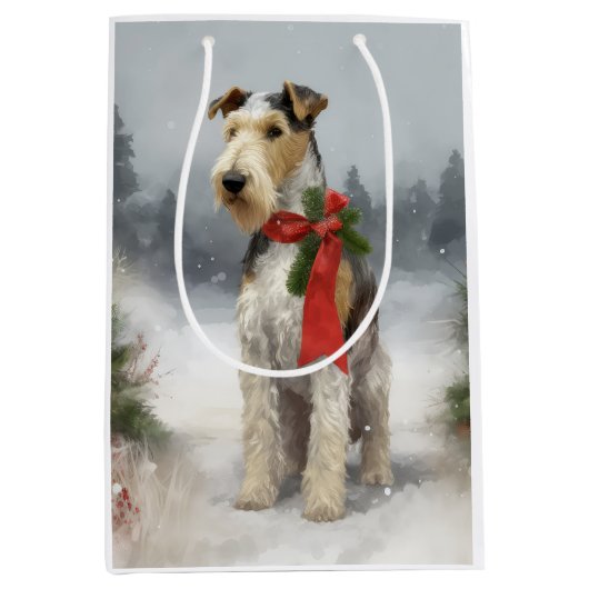Wirefox Terrier Dog im Schnee Weihnachten Mittlere Geschenktüte (Vorderseite)