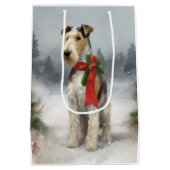 Wirefox Terrier Dog im Schnee Weihnachten Mittlere Geschenktüte (Rückseite)