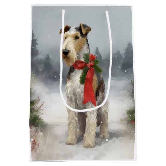 Wirefox Terrier Dog im Schnee Weihnachten Mittlere Geschenktüte (Rückseite)