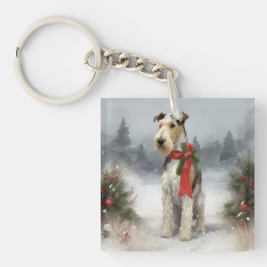 Wirefox Terrier Dog im Schnee Weihnachten Schlüsselanhänger (Vorderseite)