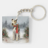 Wirefox Terrier Dog im Schnee Weihnachten Schlüsselanhänger (Rückseite)