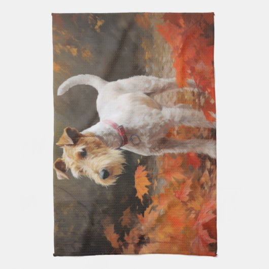 Wirefox Terrier im Herbst Leaves Fall Inspiriert Geschirrtuch (Vertikal)