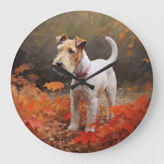 Wirefox Terrier im Herbst Leaves Fall Inspiriert Große Wanduhr (Vorderseite)