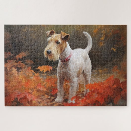 Wirefox Terrier im Herbst Leaves Fall Inspiriert Puzzle (Horizontal)