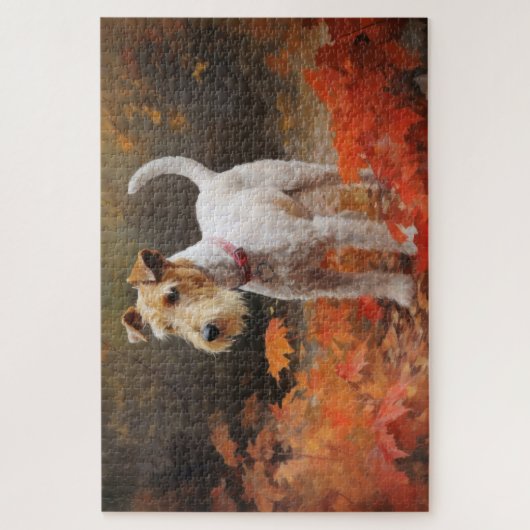 Wirefox Terrier im Herbst Leaves Fall Inspiriert Puzzle (Vertikal)