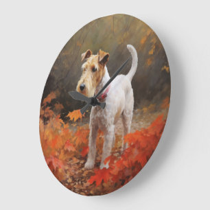 Wirefox Terrier im Herbstlaub Fall Inspiriert  Große Wanduhr