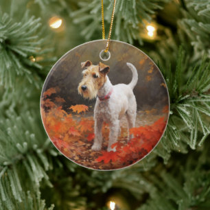 Wirefox Terrier im Herbstlaub Fall Inspiriert  Keramik Ornament