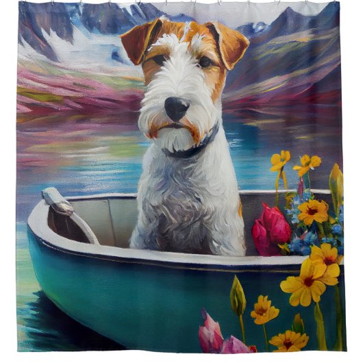 Wirefox Terrier on a Paddle: Ein Landschaftliches  Duschvorhang (Vorderseite)
