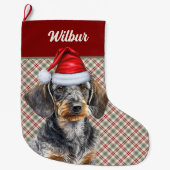 Wirehair Dachshund Dog Holiday Plaid Personalized Großer Weihnachtsstrumpf (Vorderseite)