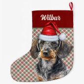 Wirehair Dachshund Dog Holiday Plaid Personalized Großer Weihnachtsstrumpf (Rückseite)