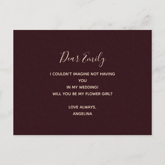 Wirst du mein Blumenmädchen Burgund sein? Einladungspostkarte (Rückseite)