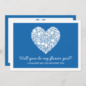 Wirst du mein Blumenmädchen sein? Blue Heart Card Einladung (Vorne/Hinten)