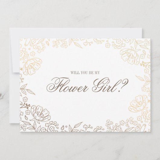 Wirst du mein Blumenmädchen sein? | Gold White Flo Einladung (Vorderseite)