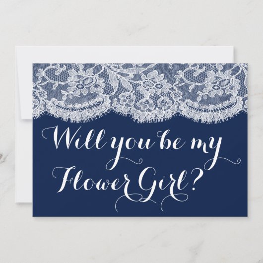 Wirst du mein Blumenmädchen sein? Navy Blue & Whit Einladung (Vorderseite)