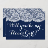 Wirst du mein Blumenmädchen sein? Navy Blue & Whit Einladung (Vorne/Hinten)