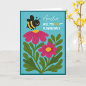 Wirst du mein Blumenmädchen sein, Niedliche Hummel Karte (Gelbe Blume)