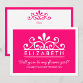 Wirst du mein Blumenmädchen sein? Pink Tiara Card Einladung (Vorne/Hinten)