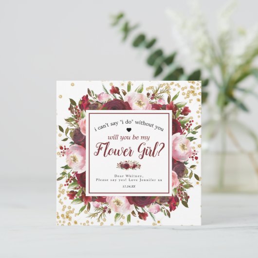 Wirst du mein Blumenmädchen sein? | Rustikales Bur Einladung (Stehend Vorderseite)