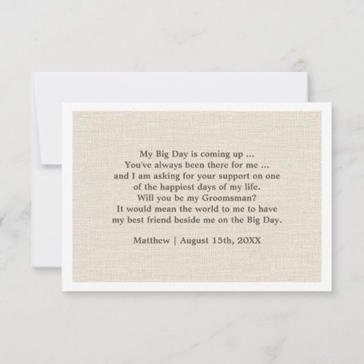 Wirst du mein Trauzeuge sein? Burlap-Textur Einladung (Rückseite)