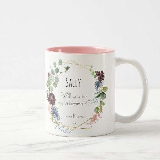 Wirst du meine Brautjungfer sein, blaue Blumen-Tas Zweifarbige Tasse (Rechts)