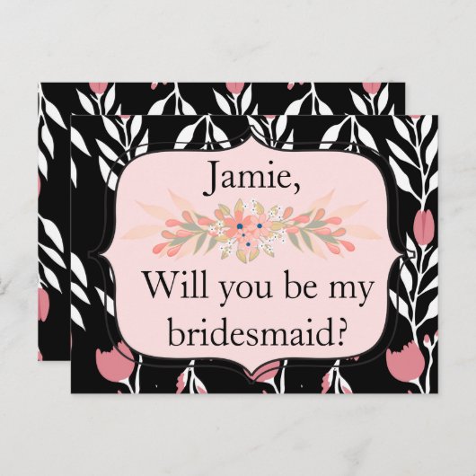 Wirst du meine Brautjungfrau in Rosa und Schwarz s Einladungspostkarte (Vorne/Hinten)