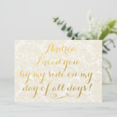 Wirst du meine Bridesmaid-Goldkalligrafie sein? Einladung (Stehend Vorderseite)