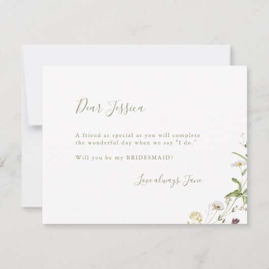 Wirst du meine Bridesmaid Sage Wildblume Boho sein Einladung (Rückseite)