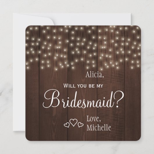 Wirst du meine Bridesmaid Tinkelleuchten rustikal  Einladung (Vorderseite)