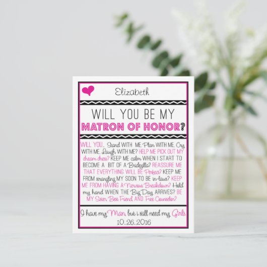 Wirst du meine Ehrenmatrone sein? Rosa/Schwarze Co Einladung (Stehend Vorderseite)