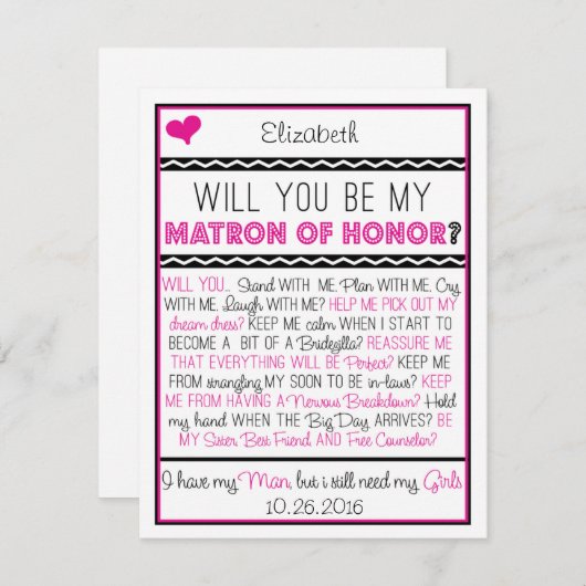 Wirst du meine Ehrenmatrone sein? Rosa/Schwarze Co Einladung (Vorne/Hinten)
