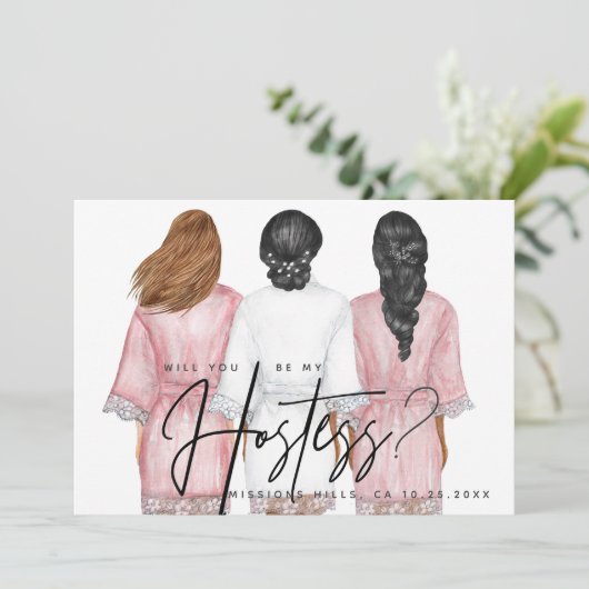 Wirst du meine Hostess sein? Mädchen in Robes-Kart Einladung (Stehend Vorderseite)