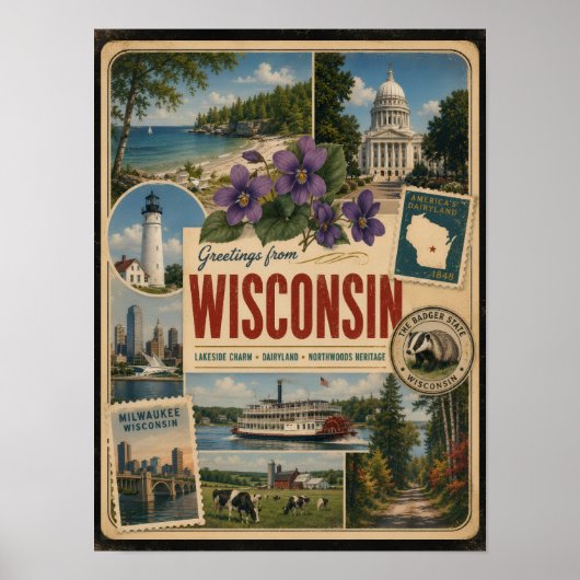 Wisconsin Authentischer Vintage-Stil Poster (Vorne)