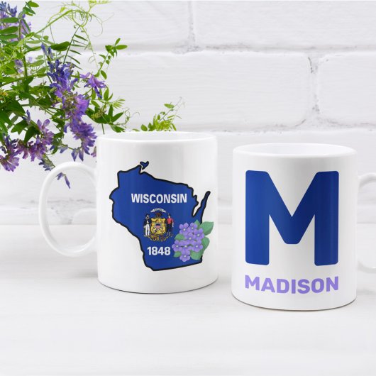 Wisconsin Flag & Blume Blue Violet Individuelle Na Kaffeetasse