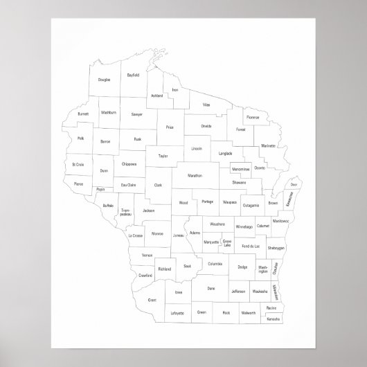 Wisconsin-Karte mit Landkreisen im Staat mit Namen Poster (Vorne)