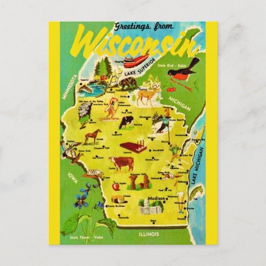 Wisconsin Karte Vintage Postkarte (Vorderseite)