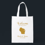 Wisconsin Map Wedding Welcome Bag, Gold Tote Bag Wiederverwendbare Einkaufstasche<br><div class="desc">Hochzeitswochenende Begrüßungsgeschenktasche für Gäste,  die außerhalb der Stadt wohnen,  zu Ihrer Hochzeit,  mit dem Bild von Wisconsin,  mit dem Herzen,  das Sie an der genauen Stelle platzieren können. Fülle die Tasche mit deinen Lieblingsgoodies.</div>