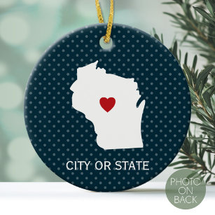 Wisconsin Map Zuhause Staat Liebe Custom City Blue Keramik Ornament