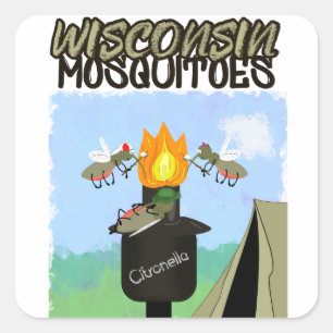 Wisconsin-Mücken-Cartoon - Camping mit Tiki Quadratischer Aufkleber