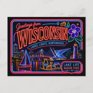 Wisconsin Neon State Retro Vintage Postkarte