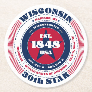 Wisconsin Red White Blue Typografie Runder Pappuntersetzer