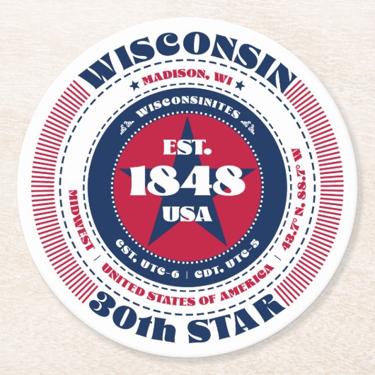 Wisconsin Red White Blue Typografie Runder Pappuntersetzer (Vorderseite)
