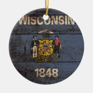 Wisconsin-Staats-Flagge auf altem hölzernem Korn Keramik Ornament